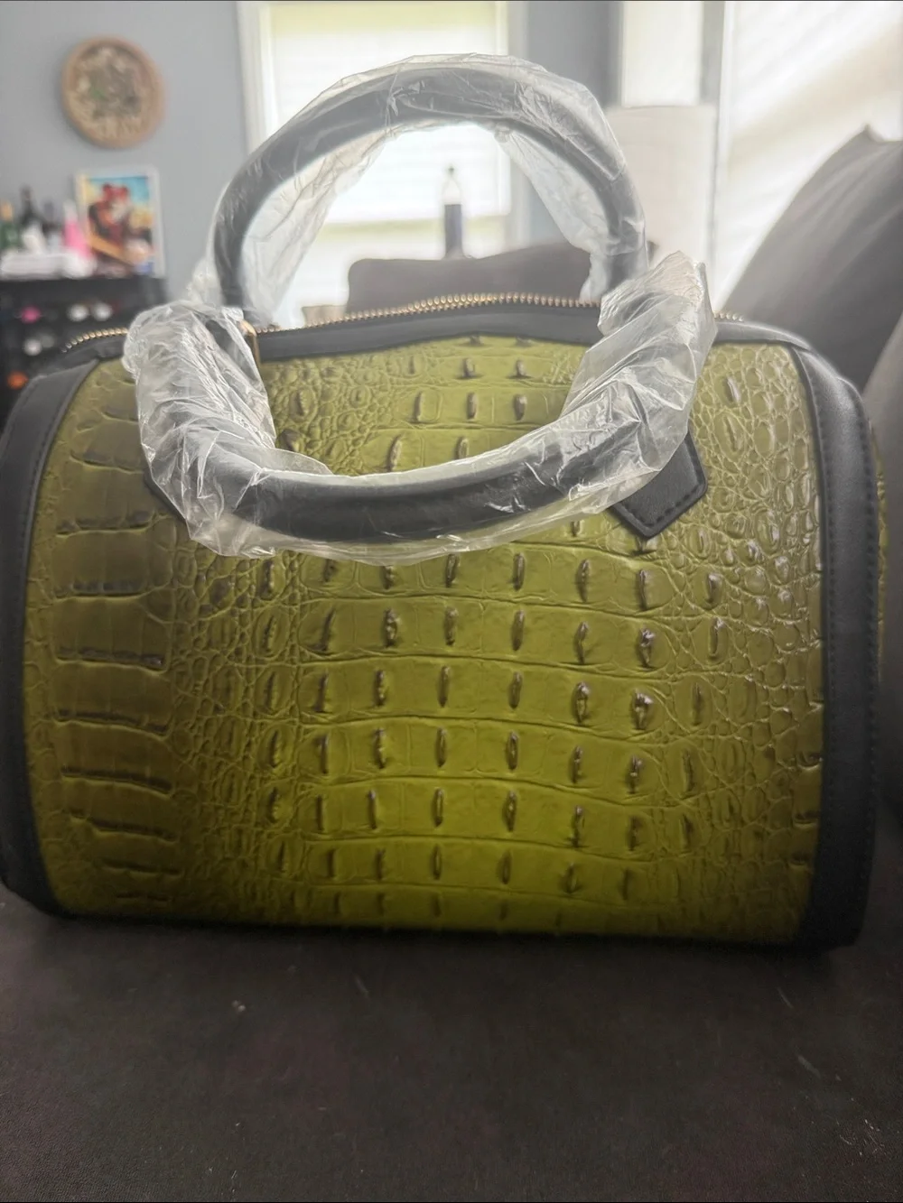 Green Croc-Embossed Satchel with Red & Green Stripe